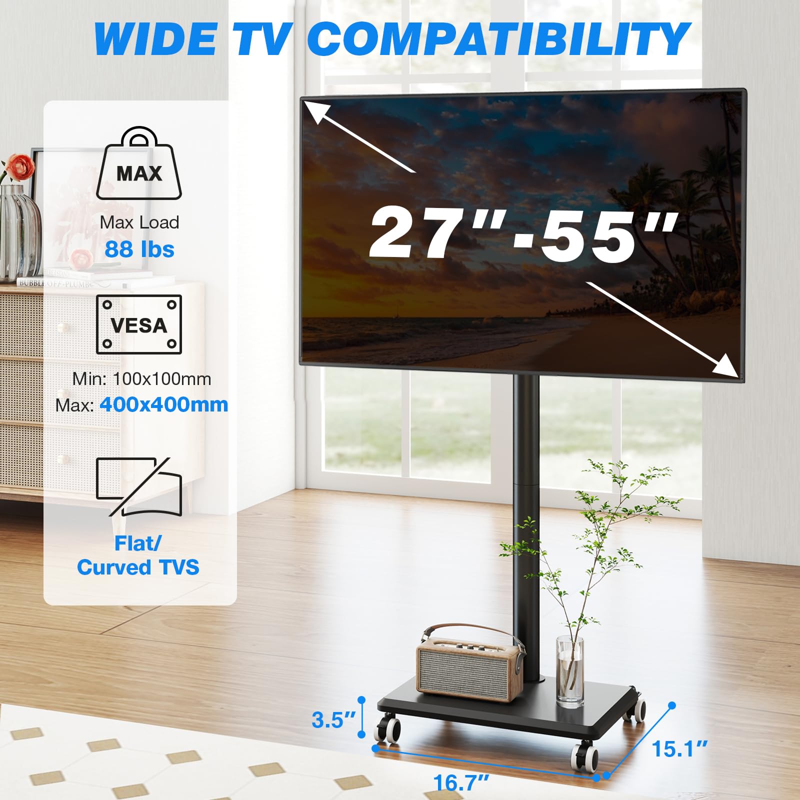 5Rcom Carrello Porta TV con Ruote per TV da 27-55 Pollici, Supporto TV da Pavimento Regolabile in Altezza e Girevole con Base in Legno - VESA Max 400x400mm, Portata Massima 30kg (Nero)