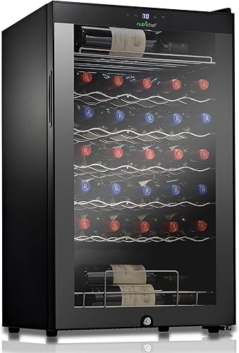 NutriChef PKCWC340 - Refrigerador de vino, 34 botellas de una sola zona, capacidad de 93.5 L, 33 x 19 x 17 pulgadas, negro