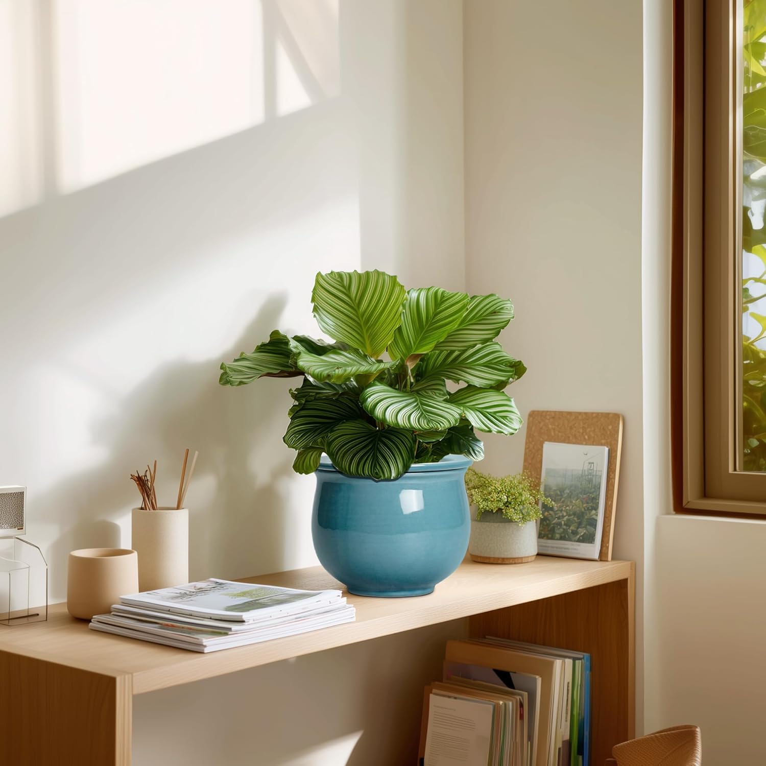 African Violet Pots 6 Inch, Ceramic Self Watering Pot with Absorbent Inner Planter, African Plant Pots for Indoor Plants, Round Flower Pot, Bedroom Decor, Gifts for Plant Lover, Glaze Blue