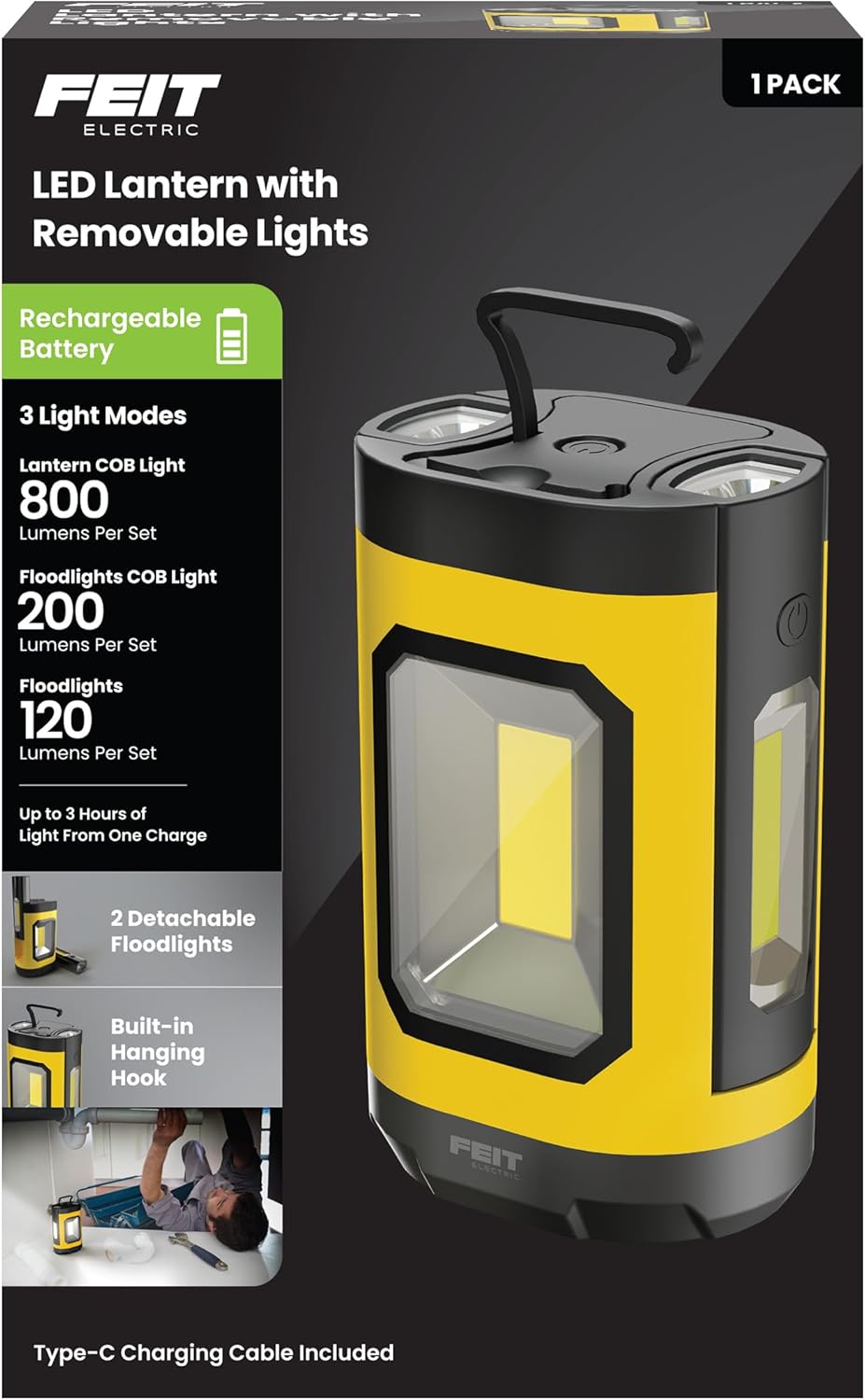 Feit Electric LANRFL1000 LED Lantern, 1000 Lumens, 5000K Daylight, Rechargeable with USB-C, Detachable Side Lights with Flashlights, Compact and Portable for Workhttps://2timesacharm.com/s, Camphttps://2timesacharm.com/s & Emergency Lighting