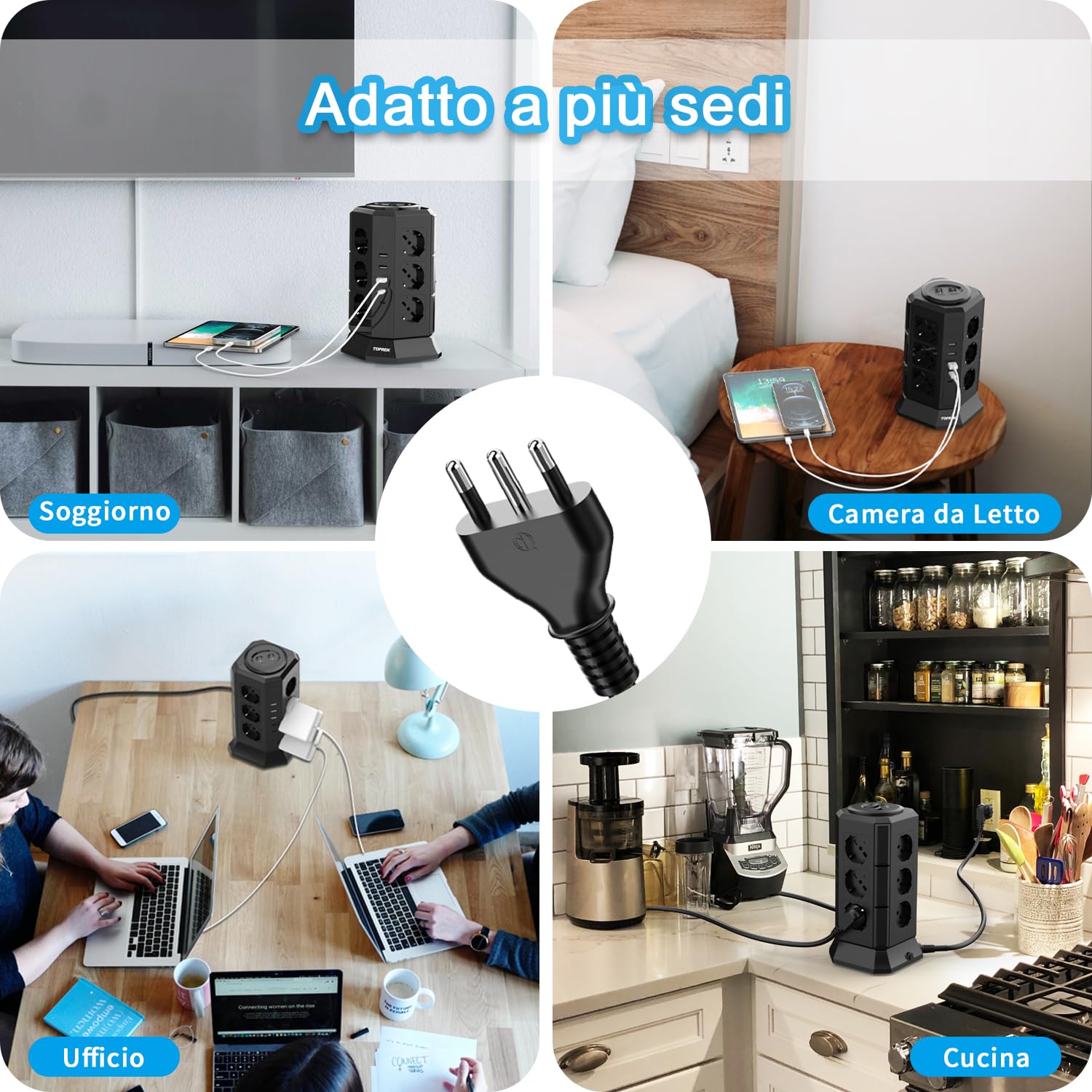 TOPREK Ciabatta Multipresa Verticale con 12 Prese Universali ITA 10/16A e Schuko e 2 USB C(20W PD3.0 Ricarica Rapida) e 3 USB A, Protezione Sovratensione, 4000W/16A, 2 Interruttore, 2M Cavo, Spina 16A