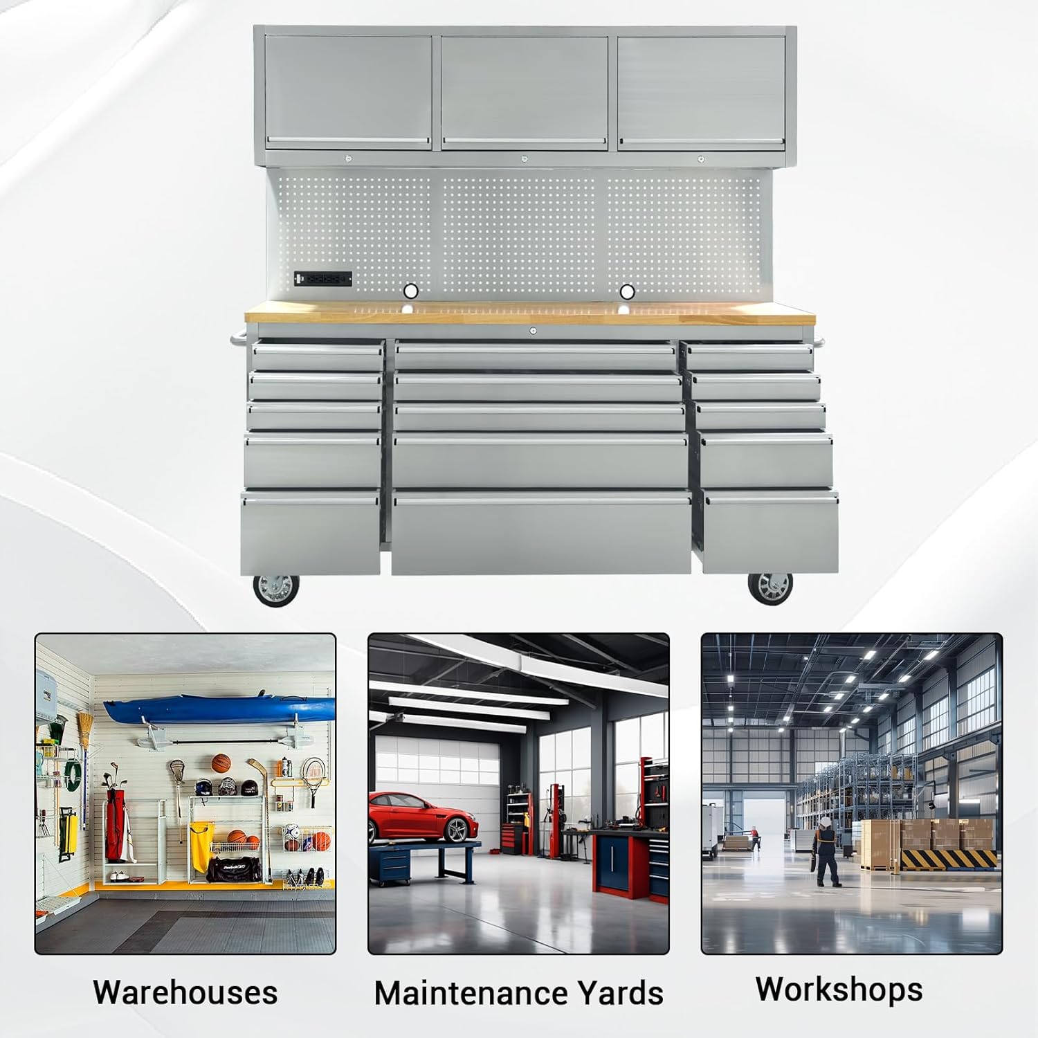 CHETTO C 72-inch Rolling Tool Chest Cabinet Mobile Workbench with 15 Storage Drawers and Wheels 3 Uper Cabinet Outlet SS Pegboard Stainless Steel Tool Box for Garage