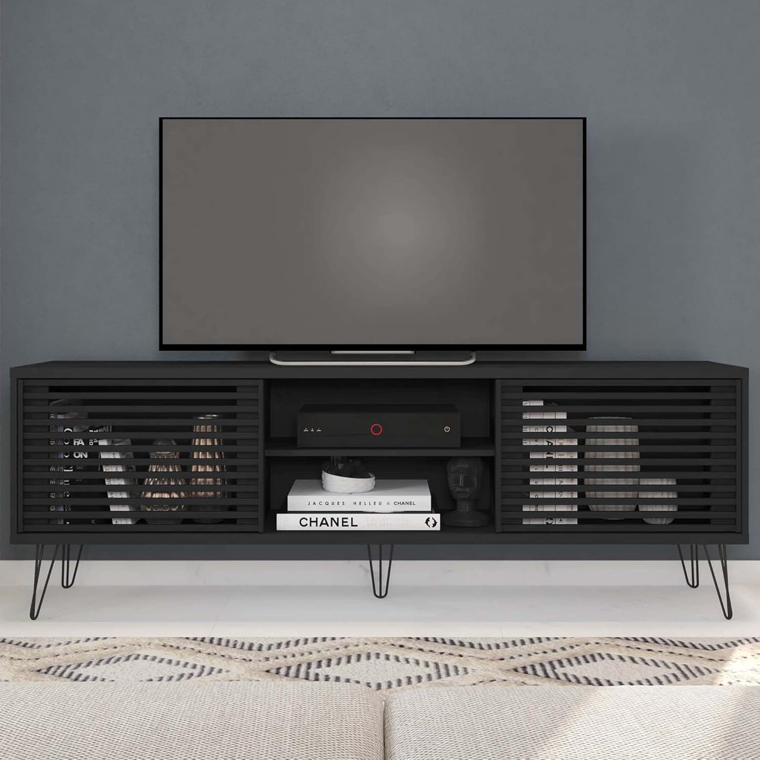 Woodpeckers Furniture And Mattress Frizz Mid-Century Modern TV Stand for 70 Inch TV (Black)