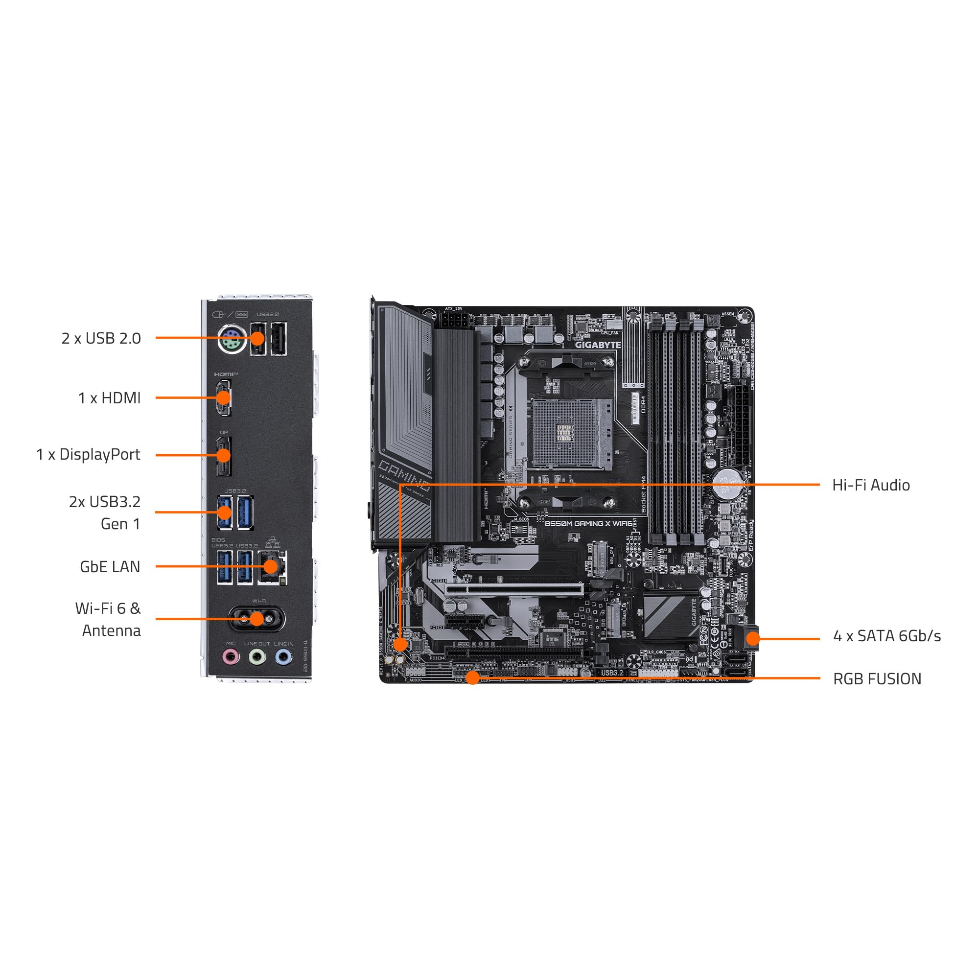GIGABYTE Scheda madre B550M Gaming X WIFI6, supporta processori AMD AM4 Ryzen 5000, Micro-ATX, DDR4, 2X M.2, PCIe 4.0, WIFI6, 1GbE LAN, EZ-Latch