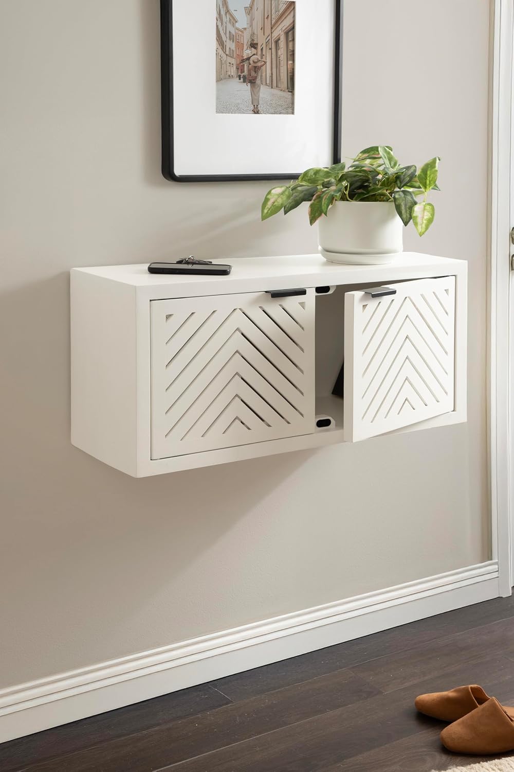 Kate and Laurel Mezzeta Decorative Two-Door Wall Cabinet, 30 x 10 x 14, White, Decorative Modern Storage Cabinet for Use as Floating Nightstand or Floating TV Shelf