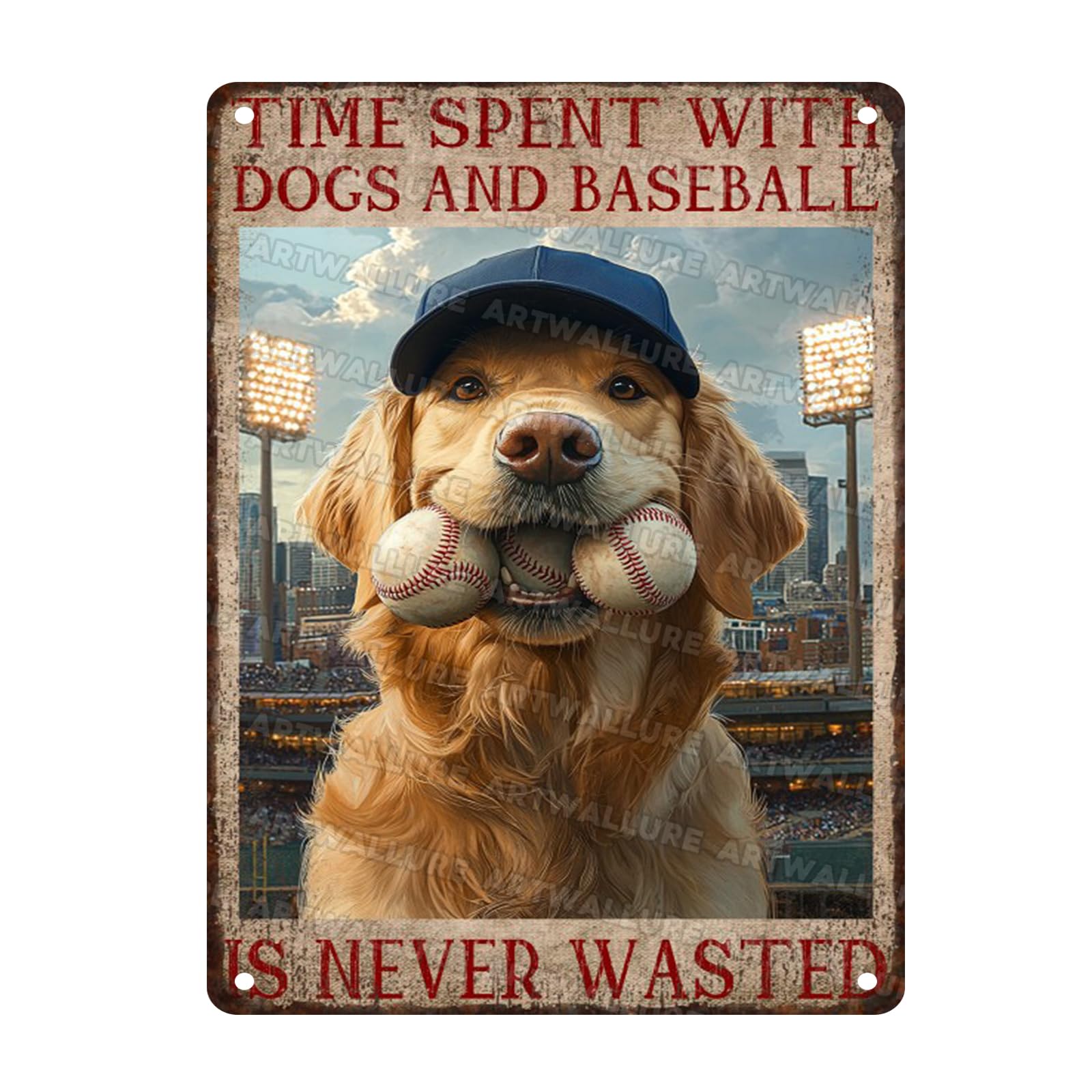 Baseball Fan Cave Wall Art Metal Tin Sign with Dogs Vintage Retro Plaque Rustic Decor for Sports Bar Game Room Basement 12x16inch