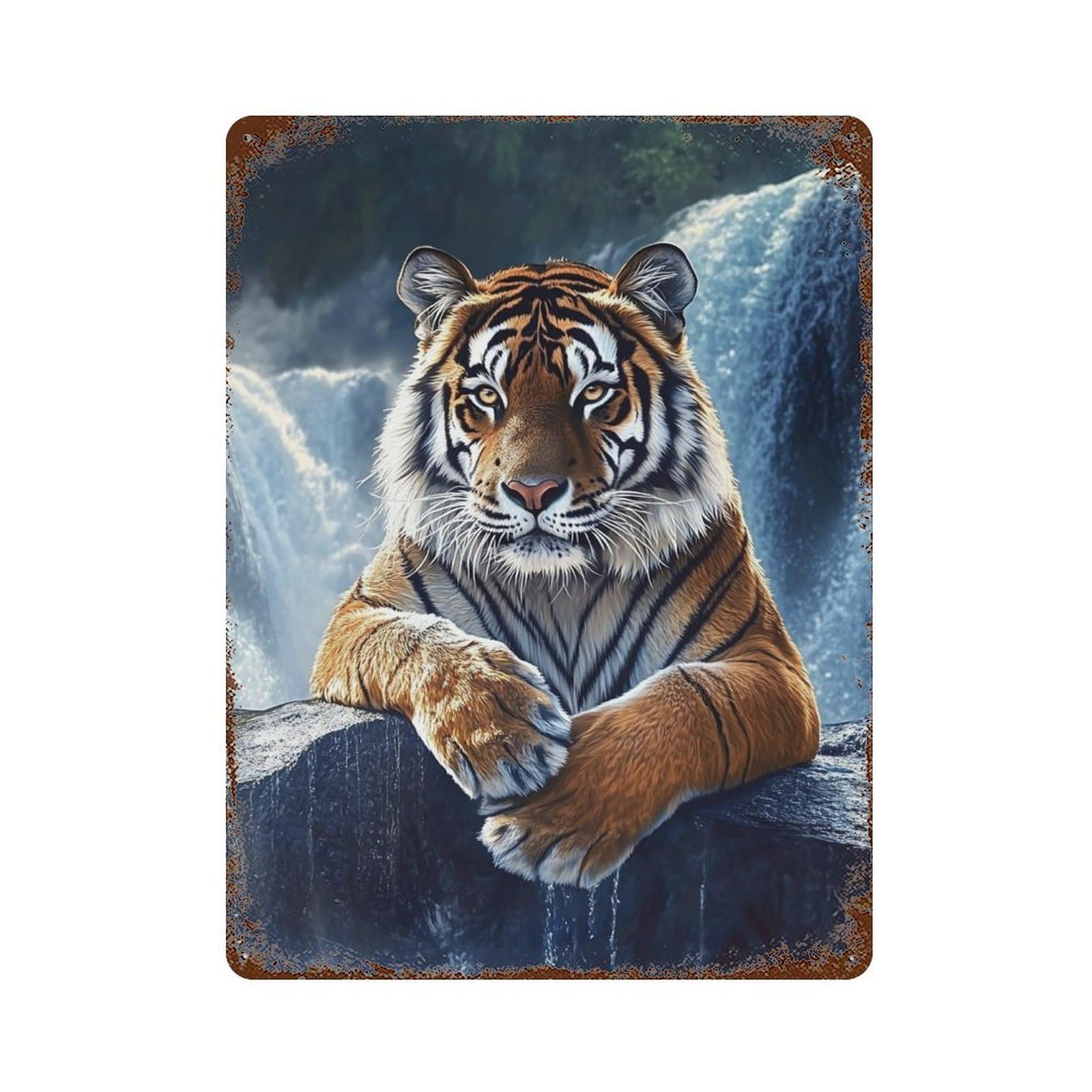Tiger Waterfall Majesty-1 Aged Metal Wall Plaque 15.7"x11.8", for Pub, Kitchen And Man Cave Decor, Decorative Metal Wall Art
