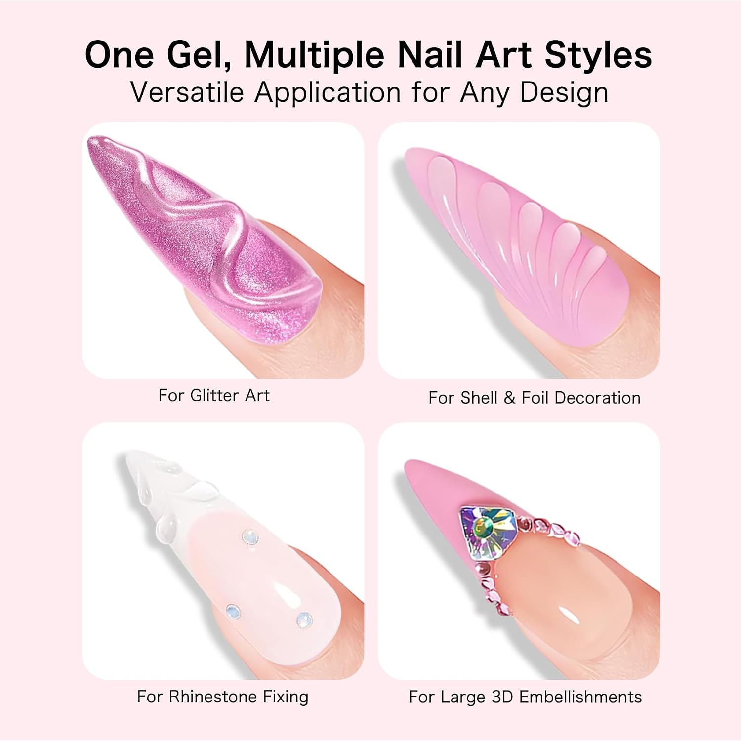 Rhinestone Glue for Nails - 2 Pack 16ML Super Strong Gel Adhesive for Nail Art Decorations, Charms, 3D Bling, Gems & Diamonds Precision Tip Bottle - LED Lamp Cure Required
