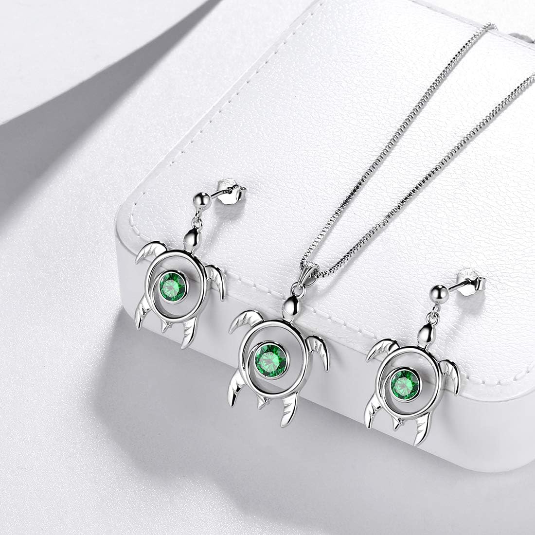 Aurora Tears Turtle Necklace/Earrings/Ring Set Celtic Spiral 925 Sterling Silver Sea Animal Viking Swirls Turtle Jewelry Sets Women Birthstone Ancient Symbol Crystal Cute Jewellery