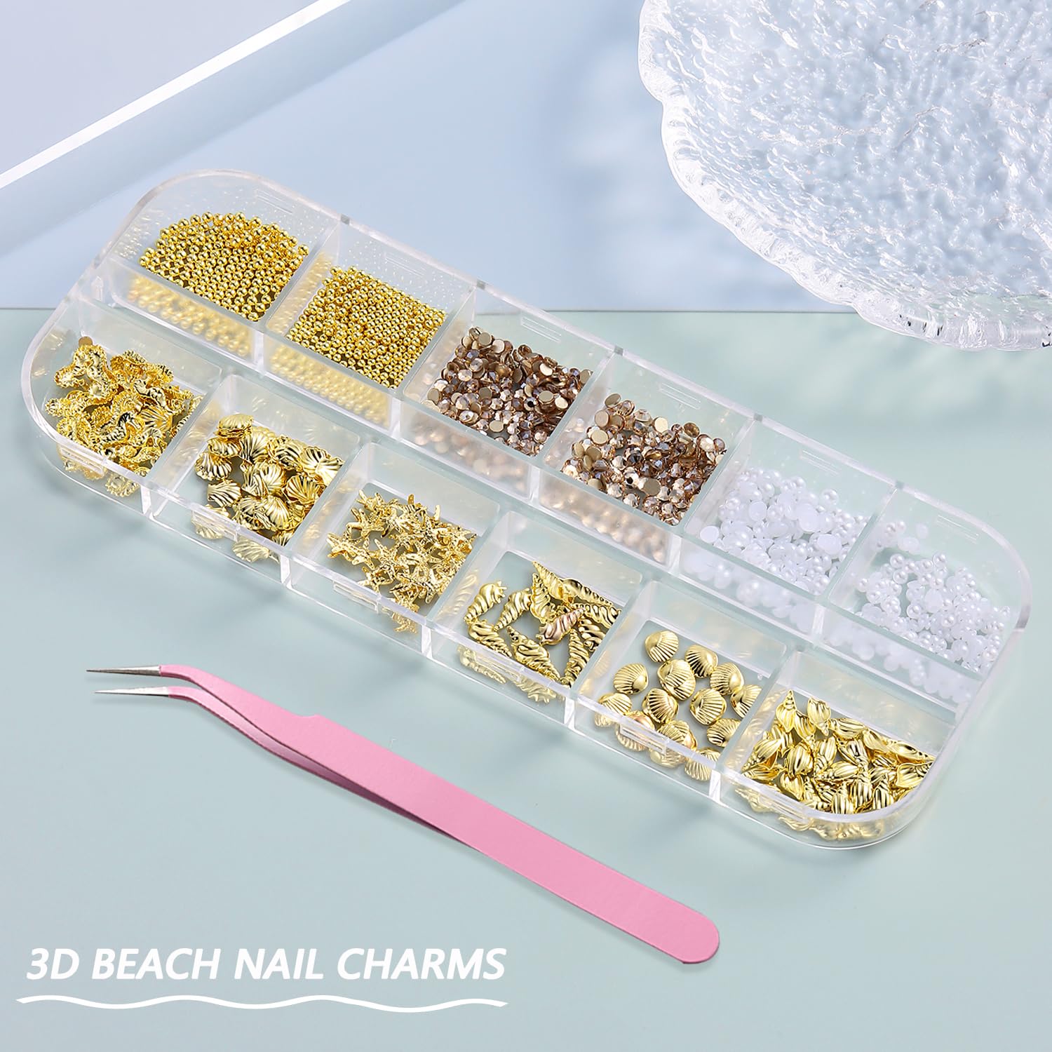 Furtherpretty Summer Nail Charms, 3D Beach Nail Charms Metal Starfish Seashell Tropical Ocean Nail Art Decorations, Gold Beads and Pearls Rhinestones with Tweezers for Manicure, concha nacar para uñas