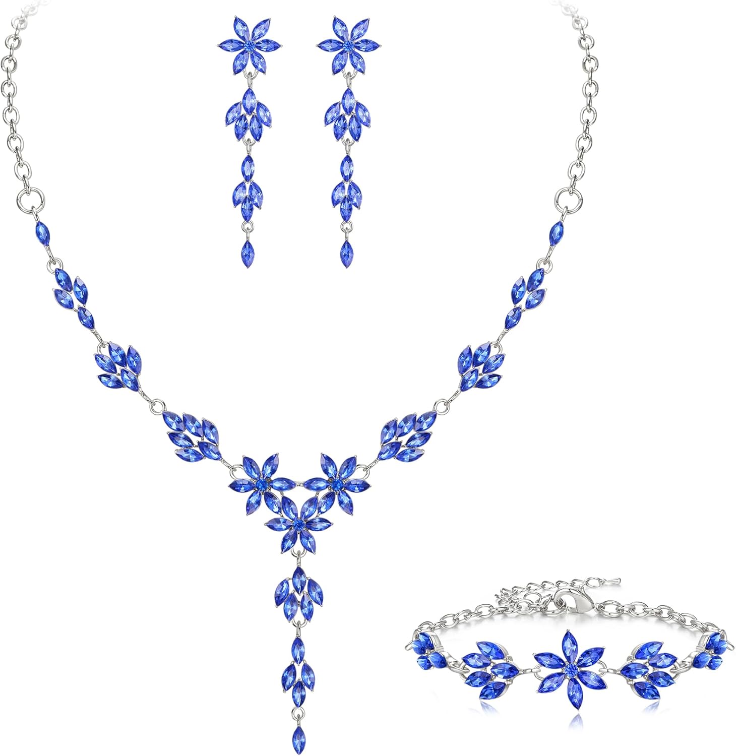 EVER FAITH Wedding Jewelry for Bride Bridesmaid, Stunning Rhinestone Crystal Flower Costume Prom Y-Shaped Necklace Dangle Earrings Bracelet Sets for Women