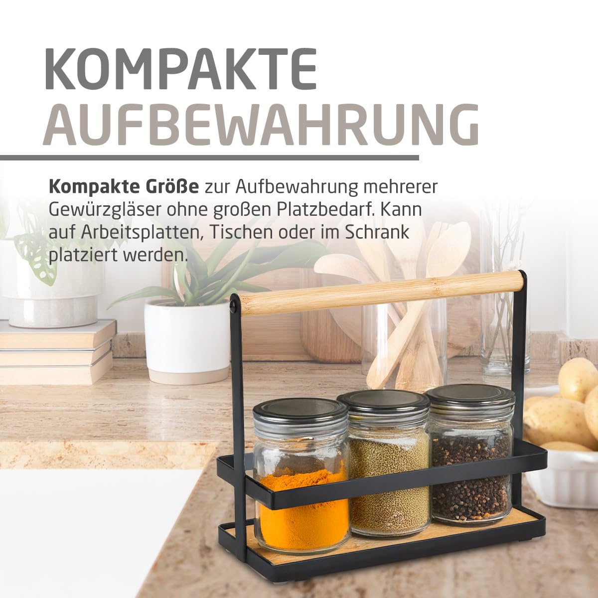 Amig - Gewürzregal - Küchenregal für Arbeitsplatte - Schwarzer Stahl und Bambus - Aufbewahrung von Gewürzdosen - Maße: 21,5 x 9,5 x 18 cm