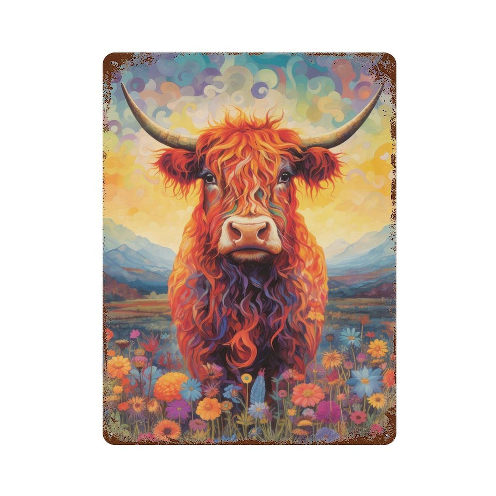 Floral Highland Cow Rust Effect Tin Sign 15.7"x11.8", Novelty Wall Decor for Garage, Pub Or Kitchen