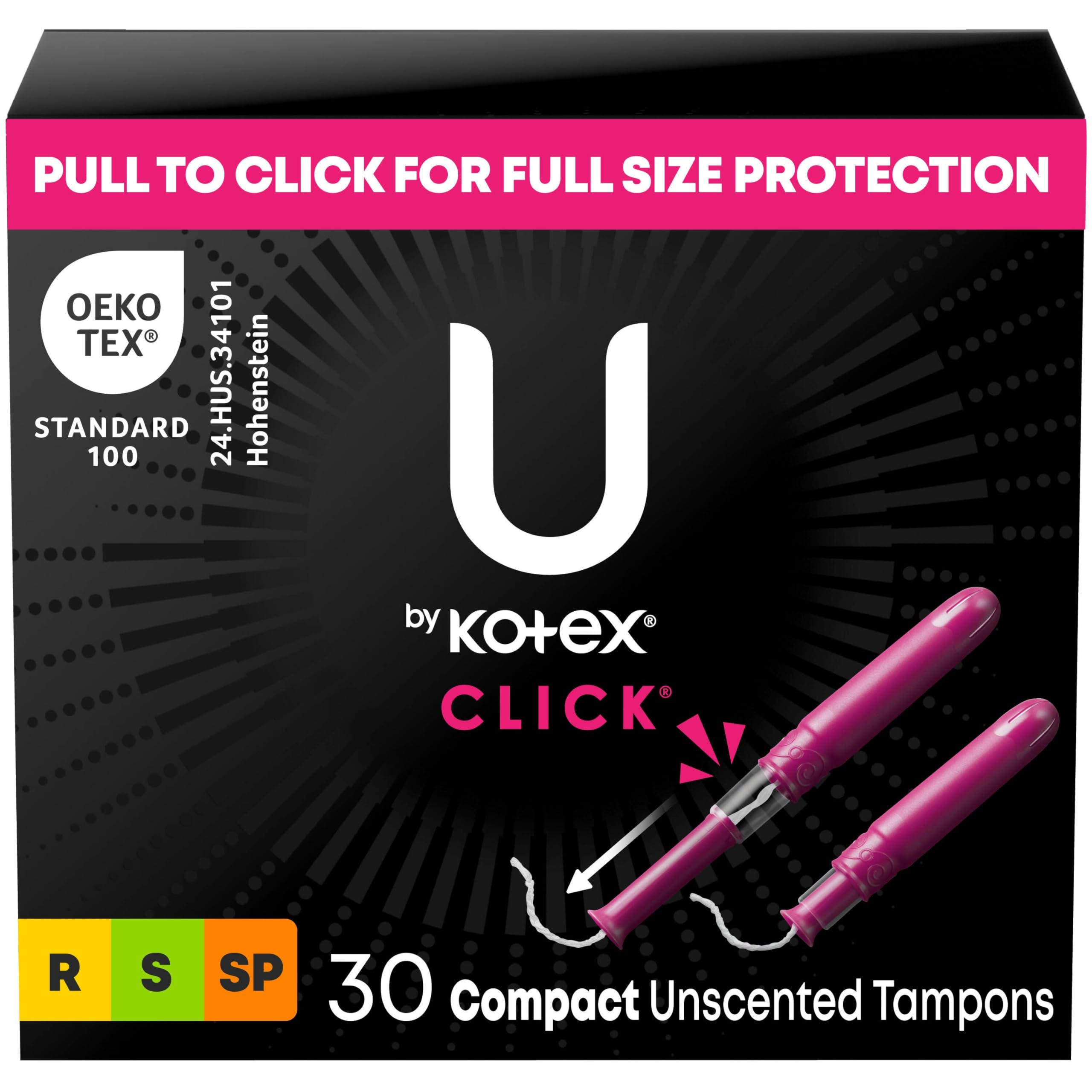 U by Kotex Click Multipack Tampons, Compact, Regular/Super/Super Plus Absorbency, Unscented, 180 Count (6 Packs of 30) (Packaging May Vary)