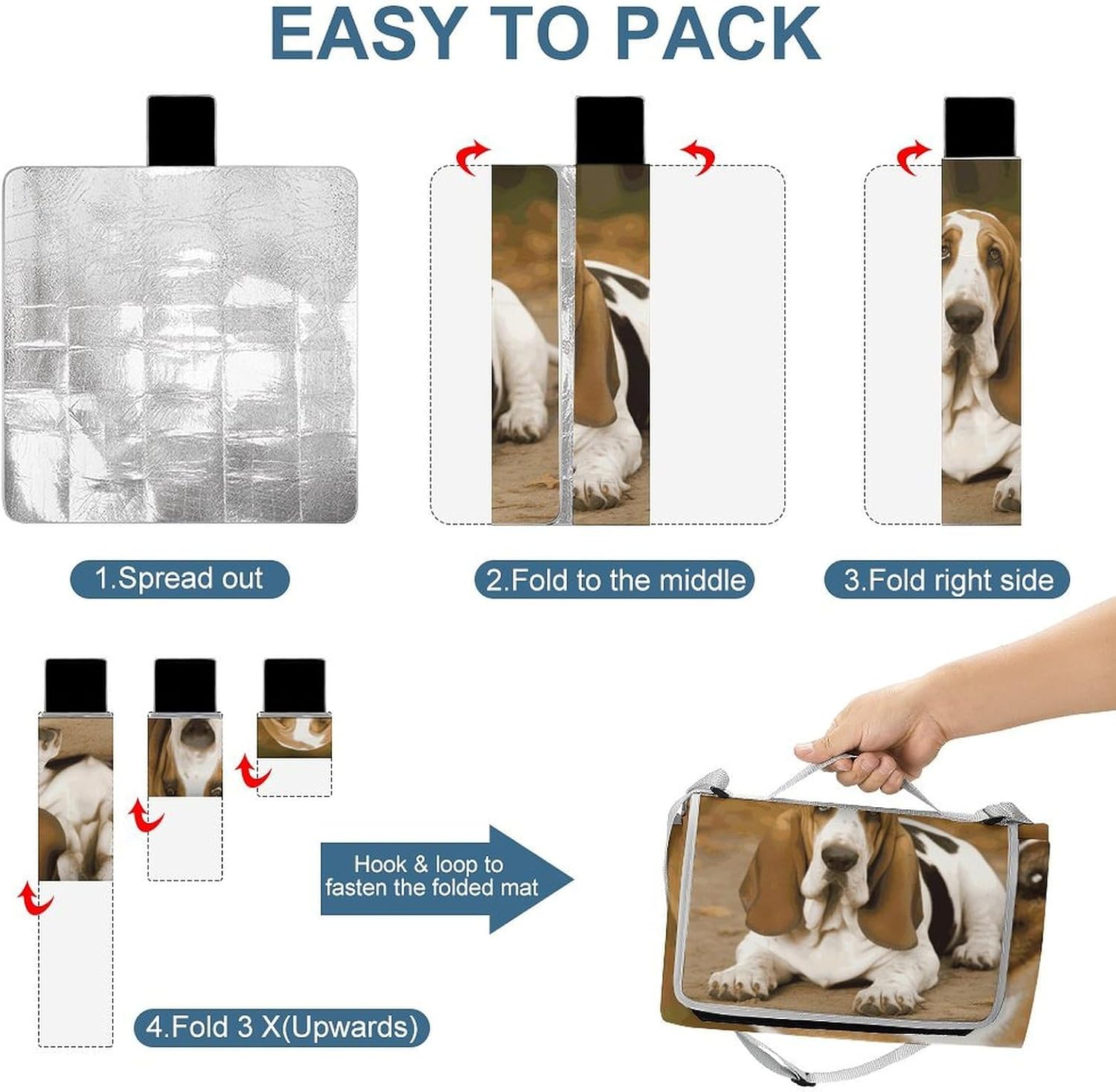 Basset Hound Waterproof Picnic Blanket 58.3''x58.3'',Portable and Foldable Picnic Mat with Handle,Outdoor Blankets for Lawn Park Beach Travel