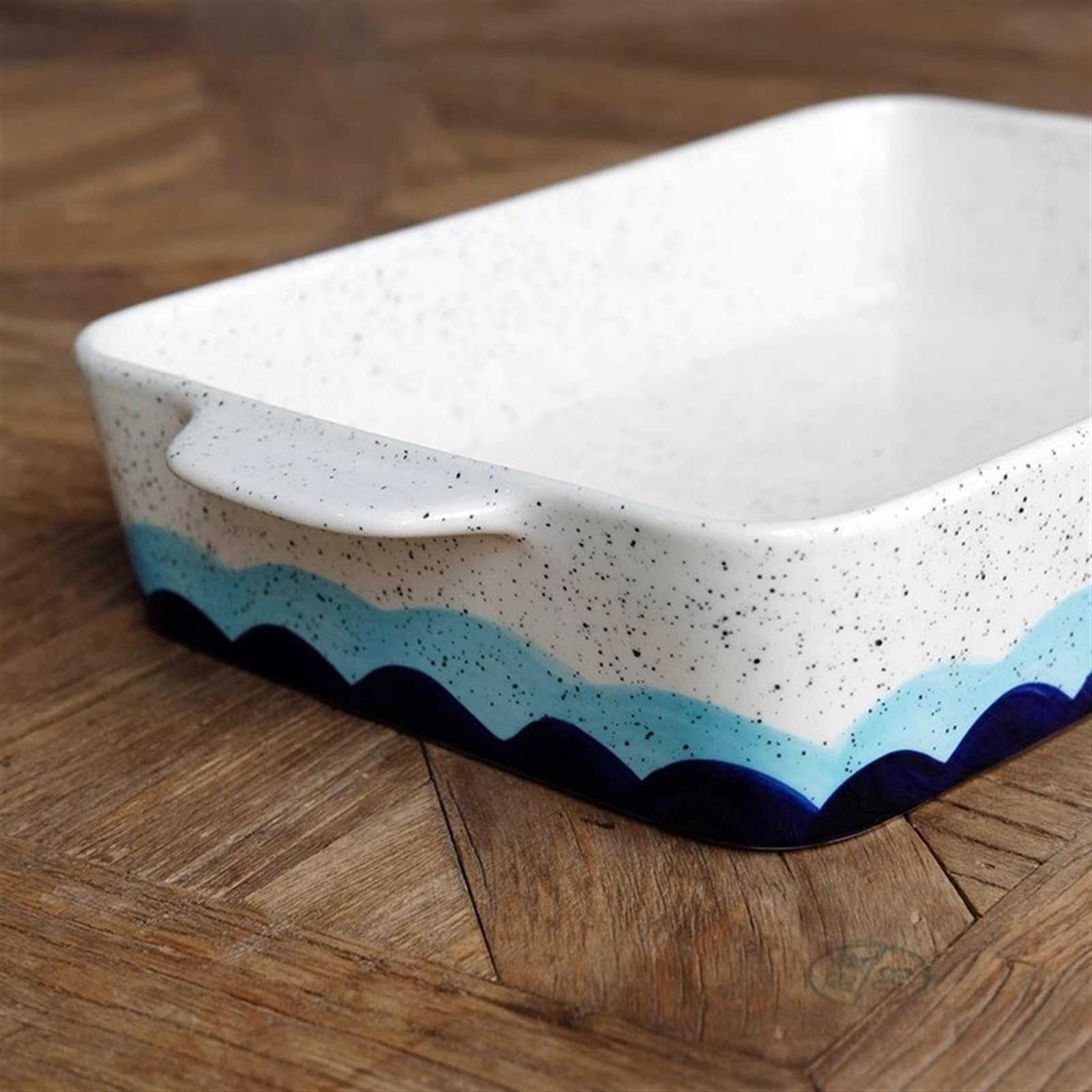 Auflaufform Keramik-Porzellanteller mit blauem Wellenmuster in Unterglasurfarbe, doppelohriger großer Auflaufform, Dampfteller, multifunktionaler Essteller for den Haushalt Backform