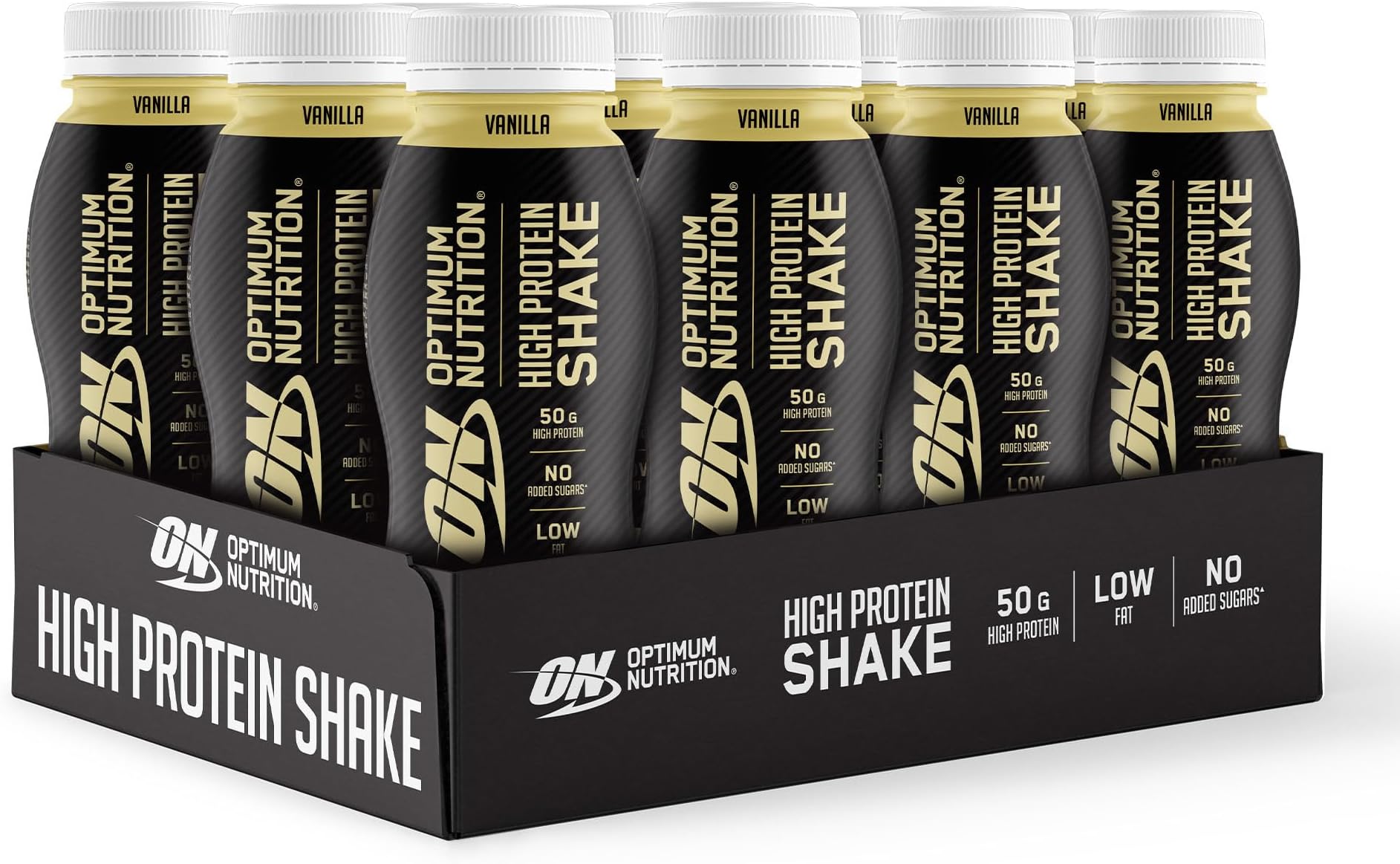 ON High Protein Shake Bottles, Ready To Drink Healthy Snacks, No added sugars, low fat, Post Workout Snack for Men and Women, Vanilla Flavour, 12x500ml, Packaging may vary