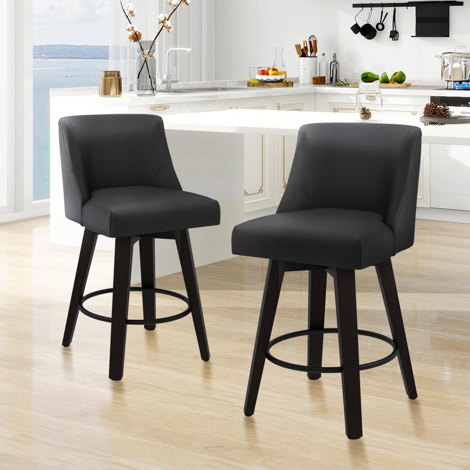 MUUEGM Counter Height Bar Stools Swivel with Back Set of 2, 26In Height Bar Stools with Solid Wood Stand, Faux Leather Upholstered Counter Height Bar Stool with Thicken Cushion Back, Black