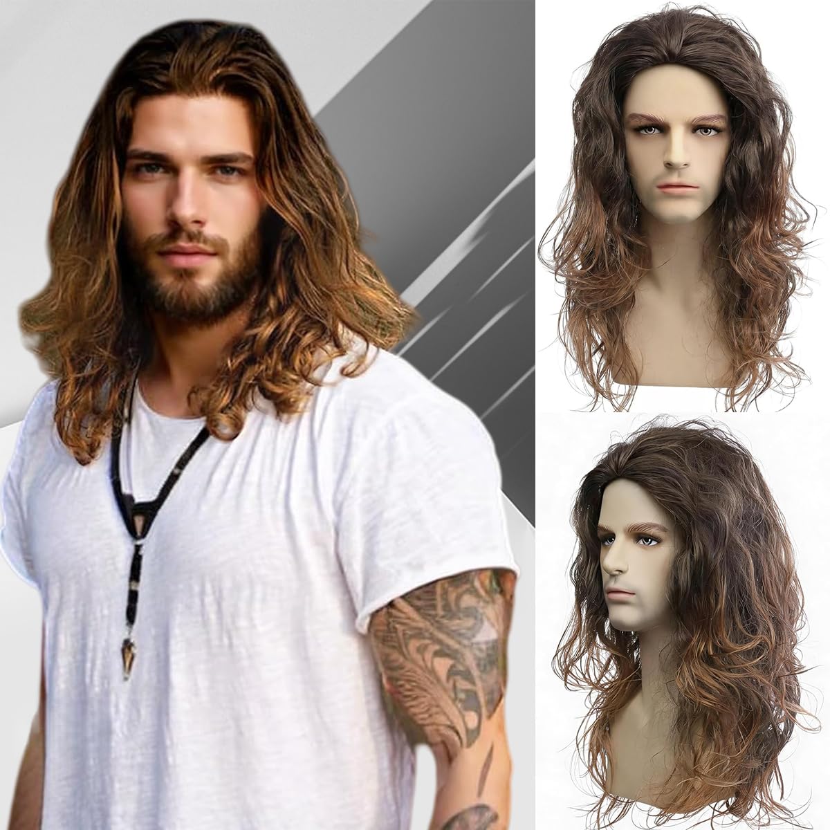Mens Long Curly Blonde Wig Synthetic Natural Party Halloween Cosplay Hair Wig