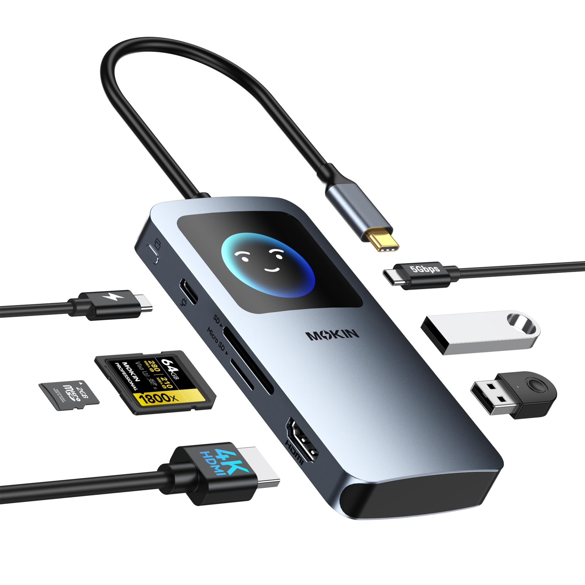 MOKiN USB C Hub 4K@60Hz, 7-in-1 USB C to HDMI Adapter with Smart LCD Display, 100W PD Charging, USB-C 3.0, 2x USB-A 3.0, SD/microSD Card Reader, USBC Multiport Adapter for MacBook/Dell/HP/Lenovo