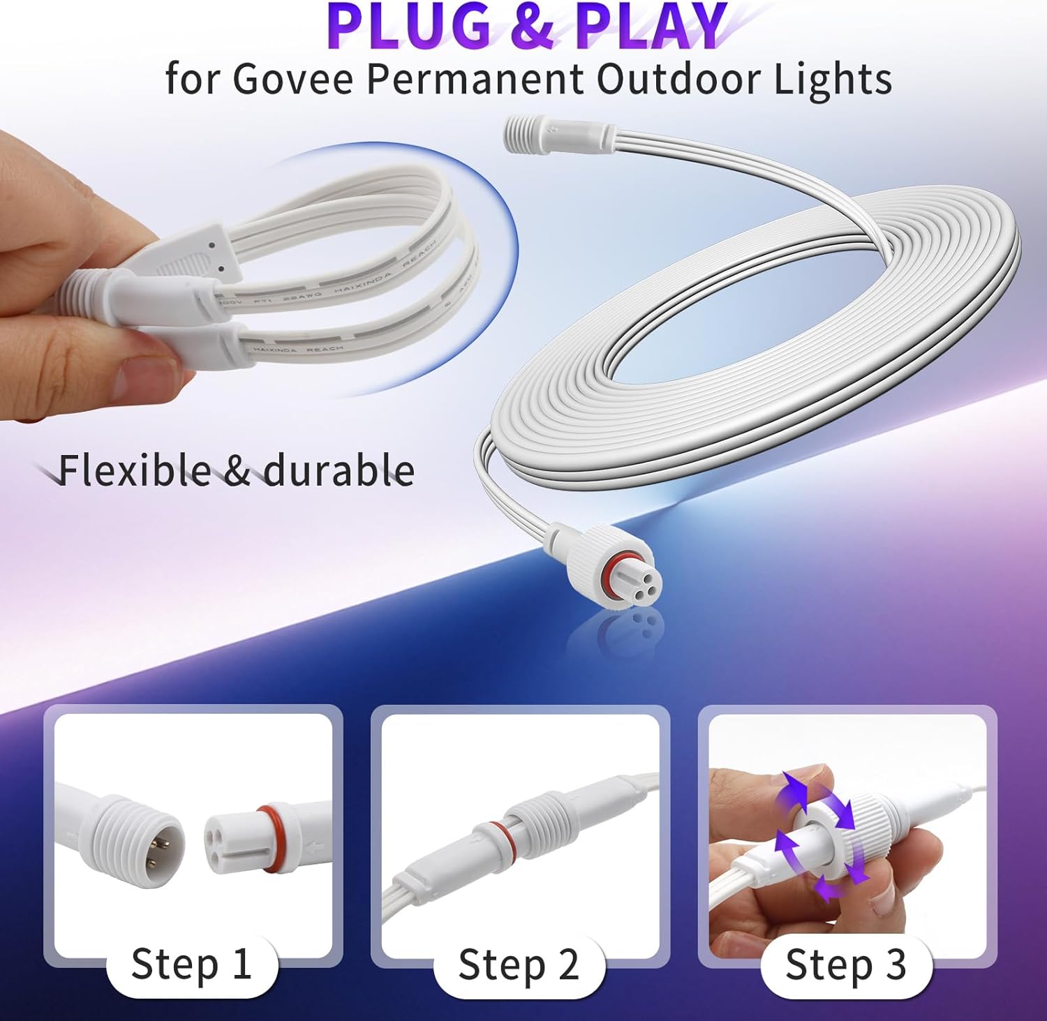 32.8FT Outdoor Light Extension Cord for Govee Permanent Lighting Extension Wire with Y-Splitter IP68 Waterproof Power Cable for Patio Garden Roof Decorations