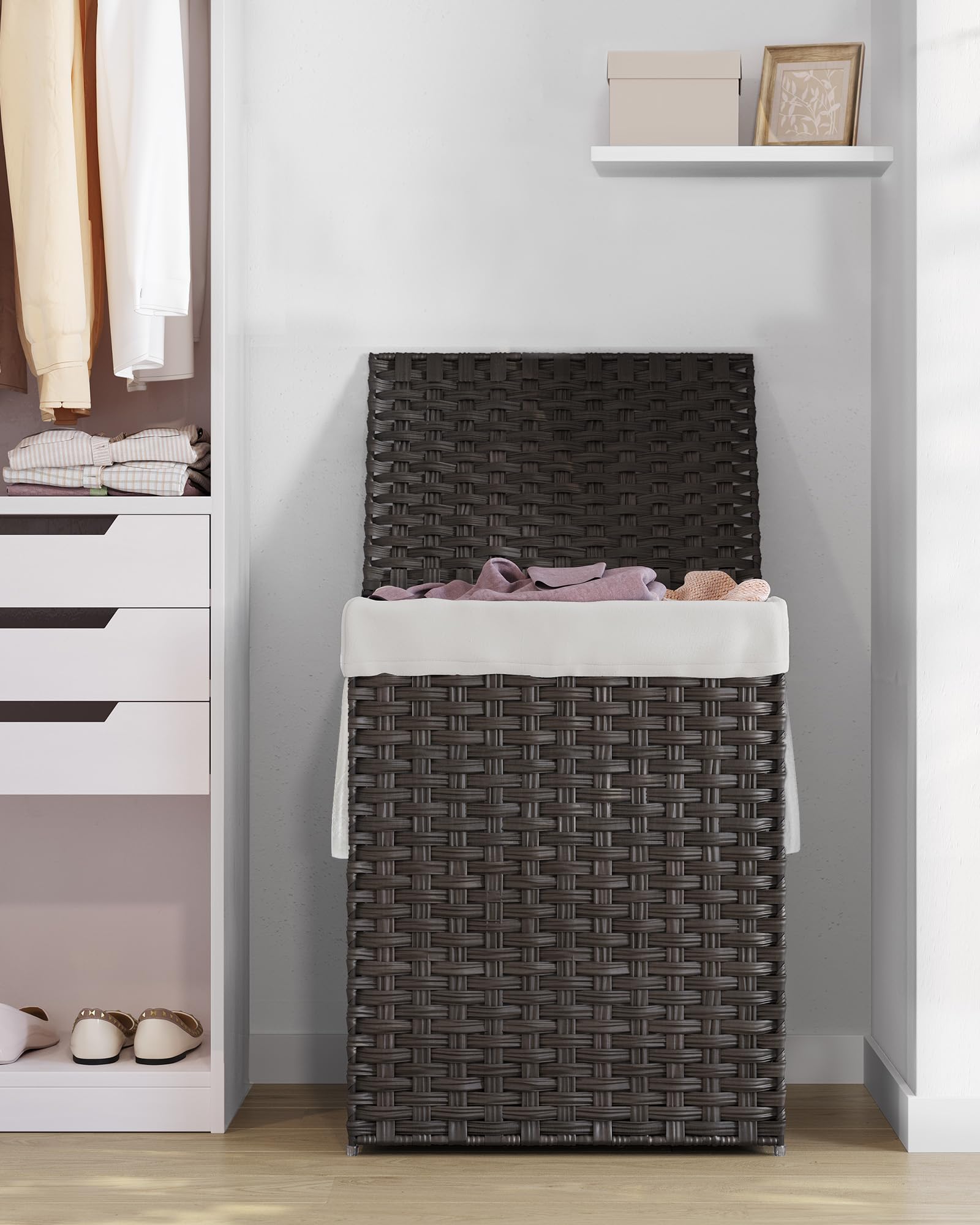 SONGMICS Cesta de Almacenamiento, Cesta de Lavandería de 90 L con Tapa, Plegable, Bolsas de Tela Extraíbles y Asas, para Mantas, Ropa, Salón, Dormitorio, Lavadería, Marrón LCB051K02