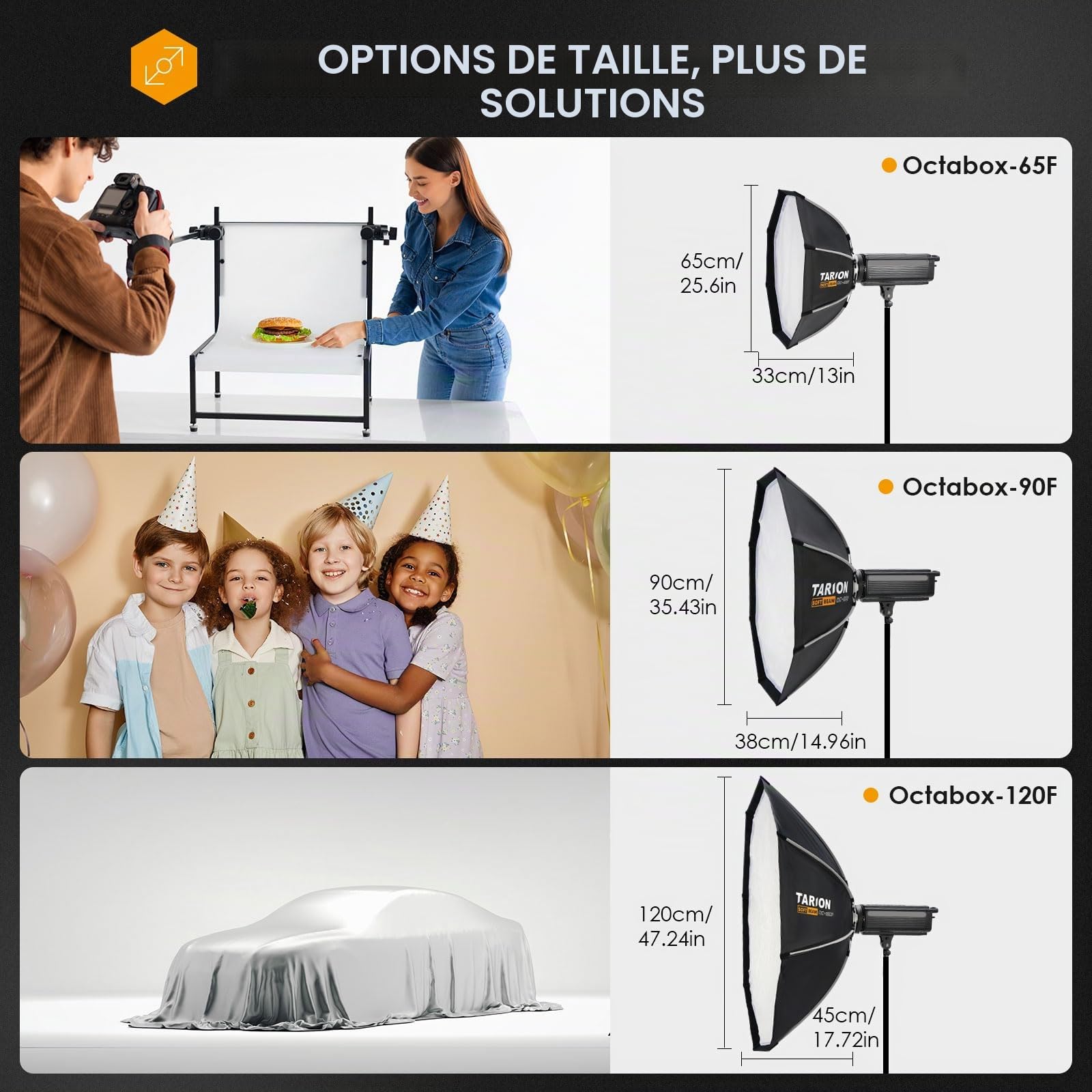 TARION Softbox Octogonal Montage Rapide - Softbox Bowens 120cm Pliable avec Grille Double Diffusion pour Photographie Studio vidéo OC-120F SOFTBEAM
