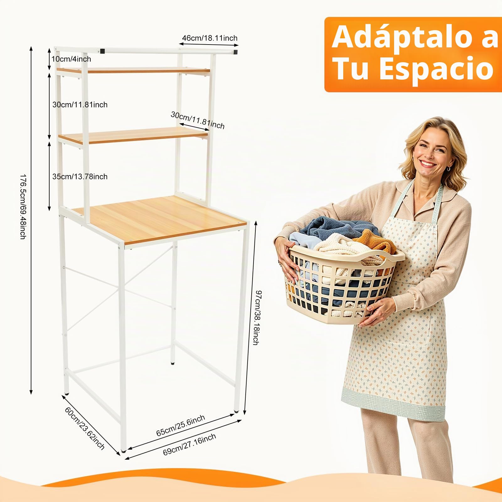 Estantería de baño de 3 Niveles, estantería sobre Lavadora para cocinas | estantería de almacenamiento, Capacidad de carga por nivel 10 kg, Estantería para lavadora para cocinas, baños 69x60x176,5 cm