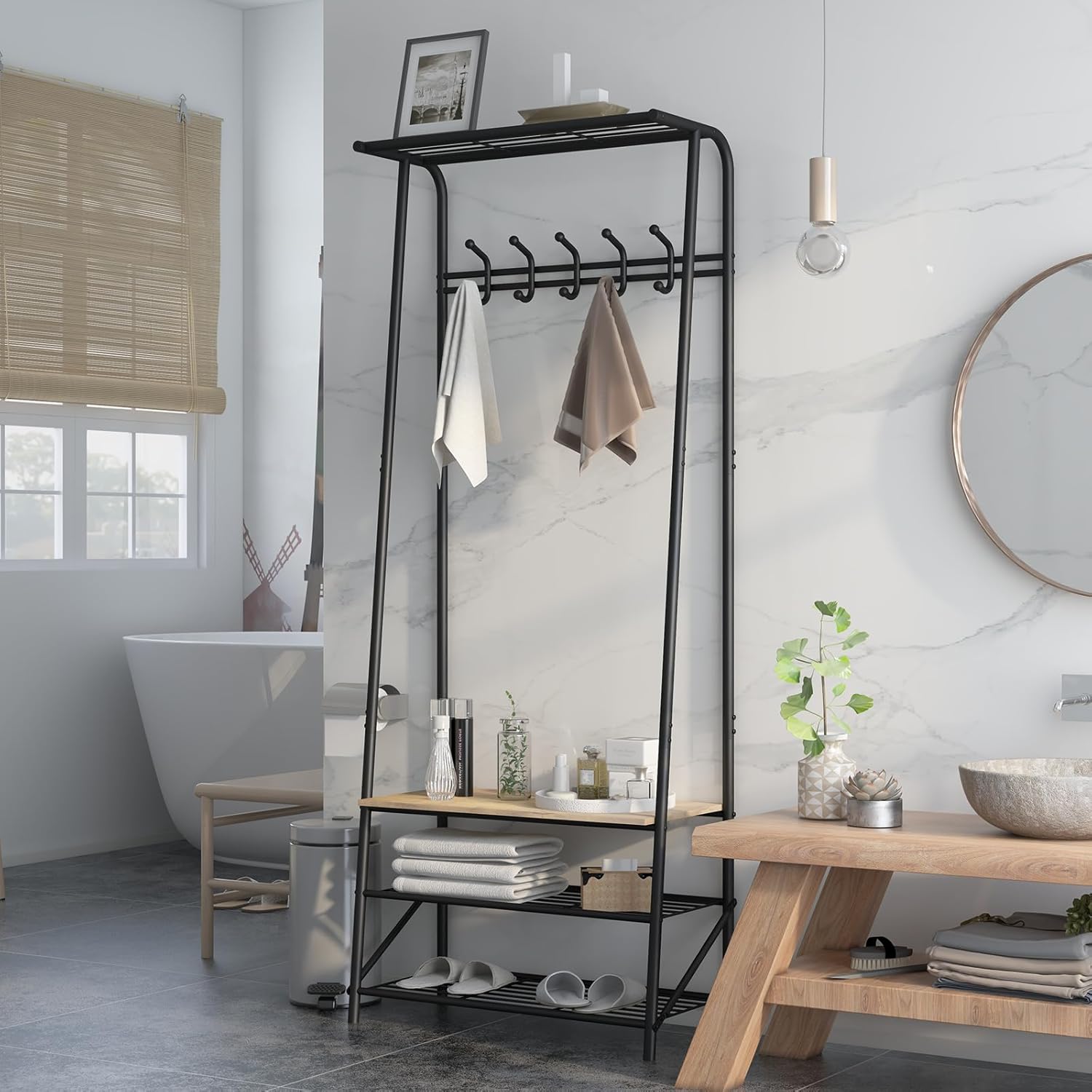 Garvee Hall Tree with Bench and Shoe Storage, 4-In-1 Coat Rack Entryway Bench, Hallway Organizer with Metal Frame for Entryway, Living Room, Bedroom