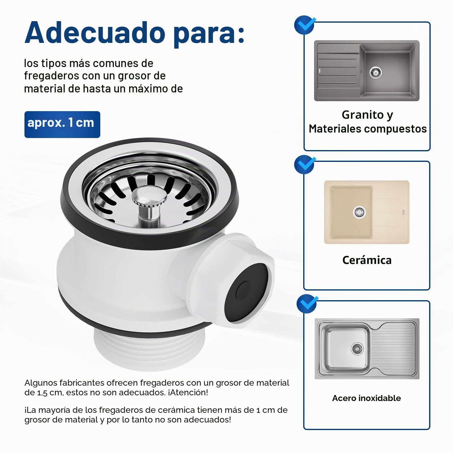 VIOKS Válvula de cesta de 70 mm con juego de desagüe de 1 pulgada para fregadero con rebosadero - Válvula de cesta para fregadero de cocina, juego de desagüe para fregadero de cocina