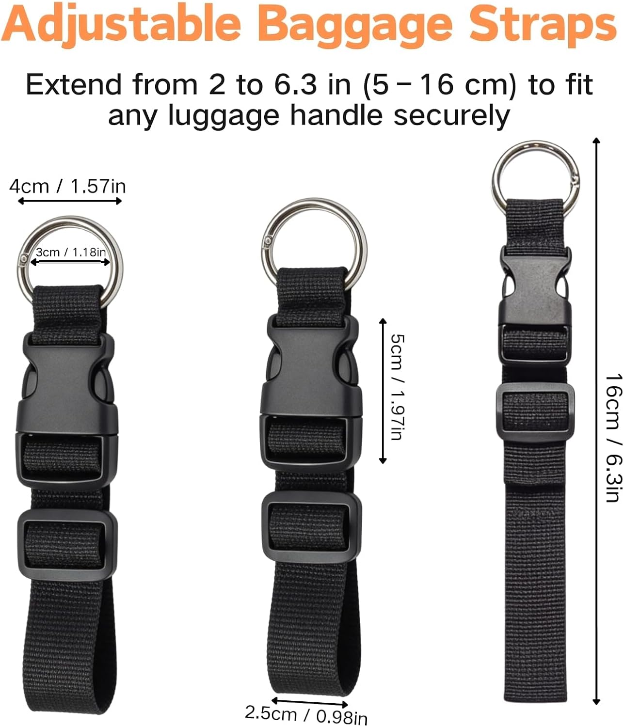 Luggage Connector Straps, 3 Pack Adjustable Suitcase Connector with Buckle, Hands-Free Add-a-Bag Strap for Carry-on Luggage and Backpacks, Black