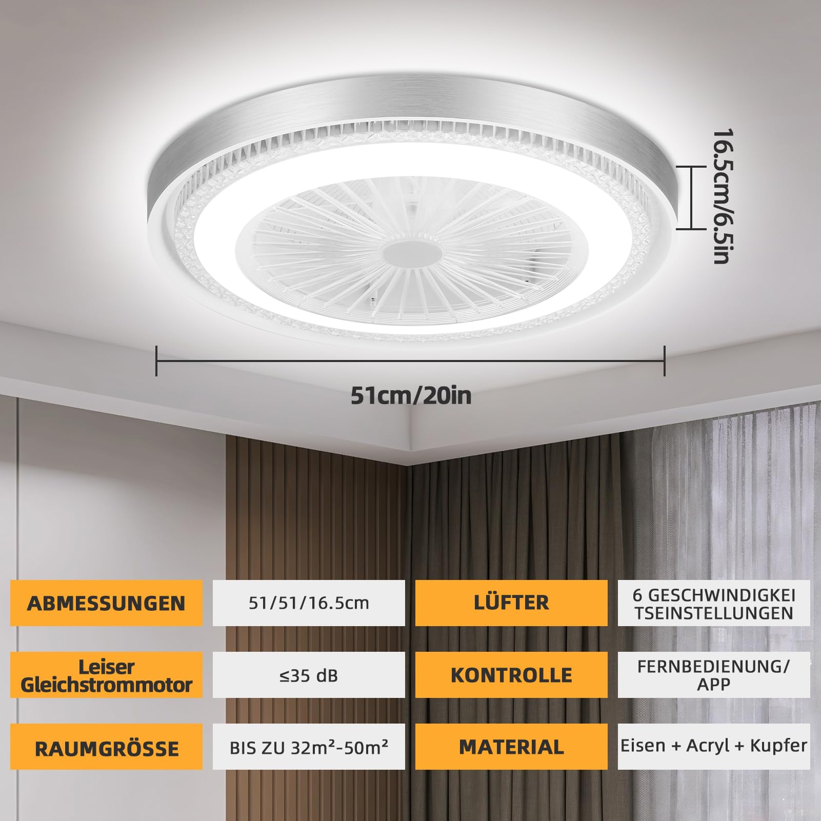 Ventilatore da Soffitto con Luce,50W Ventilatore da Soffitto con Luce e Telecomando & APP,Ultra-Silenzioso|6 Velocità| Motore DC Reversibile|Dimmerabile Plafoniera con Ventilatore,Ø51cm