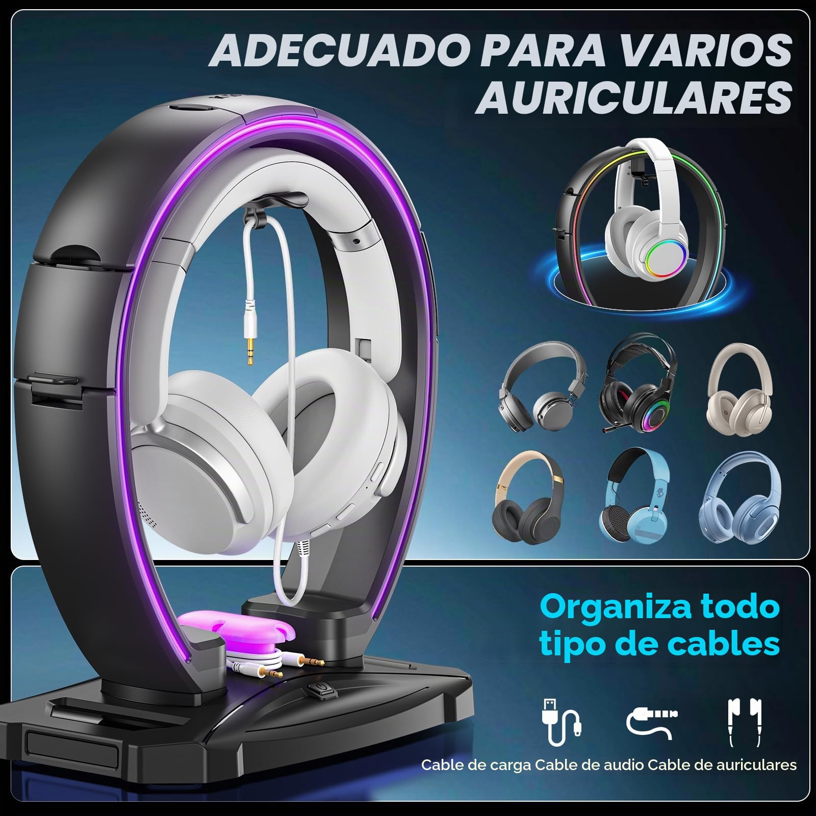 KDD LED Soporte Cascos Gaming con 9 Modos de Luz - Soporte Auriculares & Soporte Mando Plegable con Organizador de Cables - Cascos Porta Auriculares Mesa para Escritorio Gamer Accesorios Gaming PC