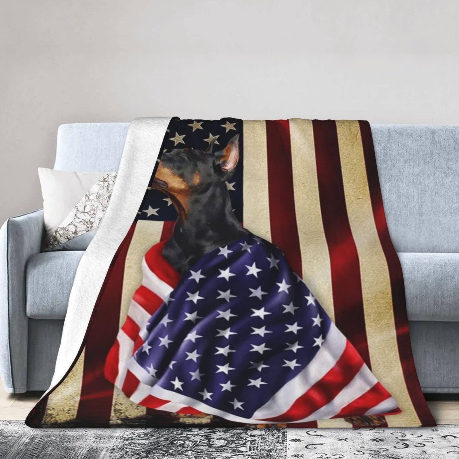 Lsjuee Christmas Flannel Fleece Blanket 80"X60" Doberman American Patriot Bed Throw Blanket Lightweight Ultra-Soft Travel Winter Blankets for Couple Keep Warm