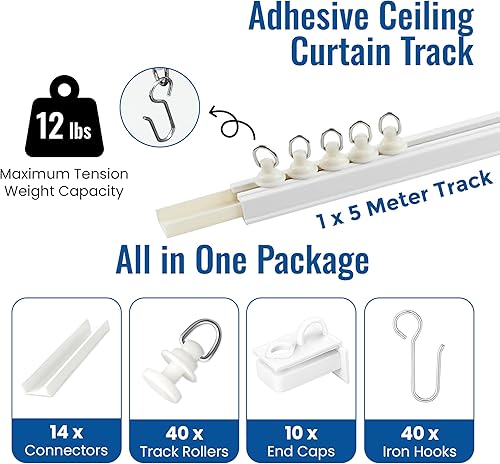 Miniatura 2 de UrbanRed Riel de cortina autoadhesivo (16.4 ft, 16.4 pies) para techo o pared liso, sin taladros, tornillos, cortina de techo, barra de cortinas,