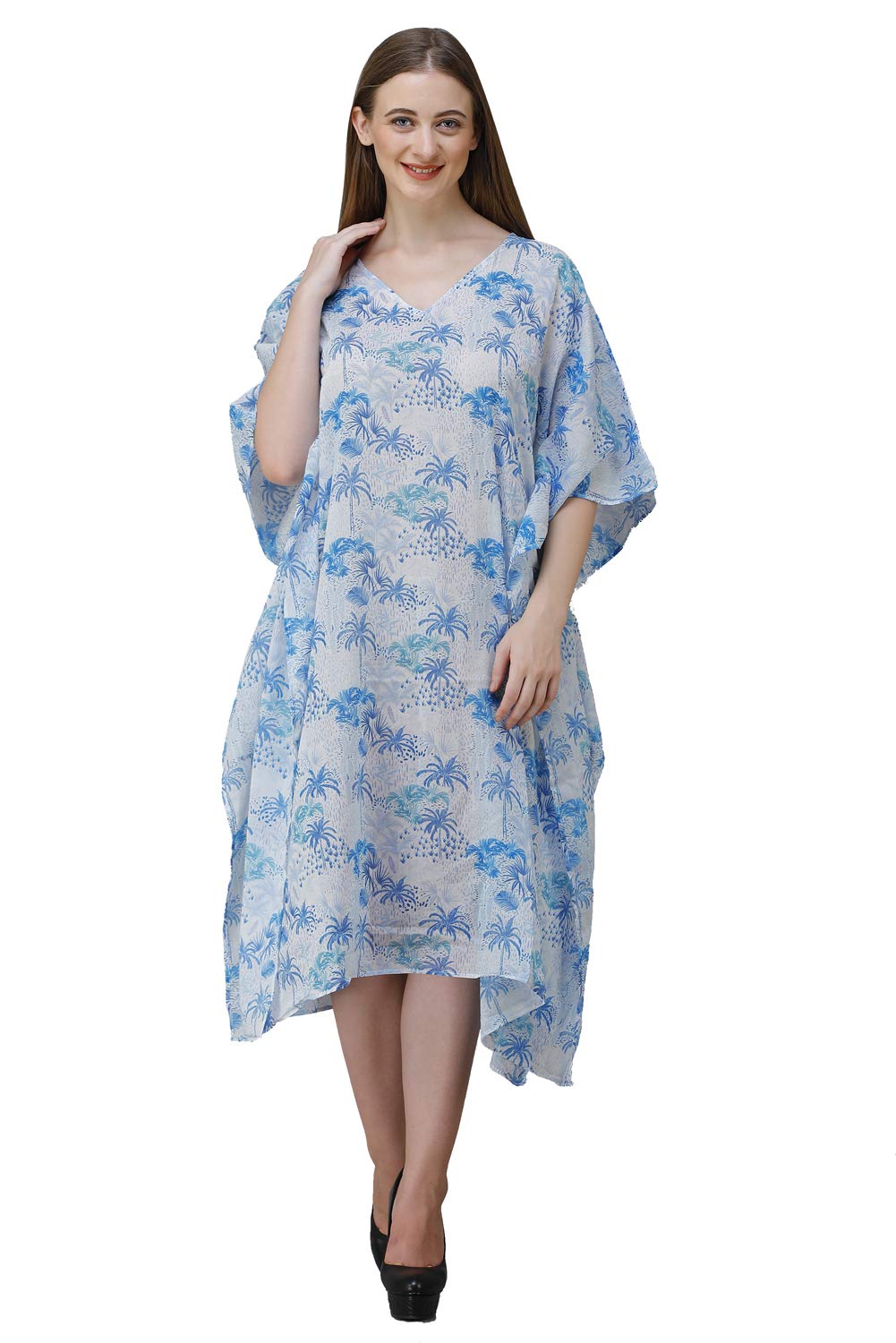 Short Cocotree Vneck Digital Printed | Georgette Kaftan | Vacation Wear | Beach Wear | Coverups | Kaftan Dress | for Women | Free Size [M-3XL] Multicolour