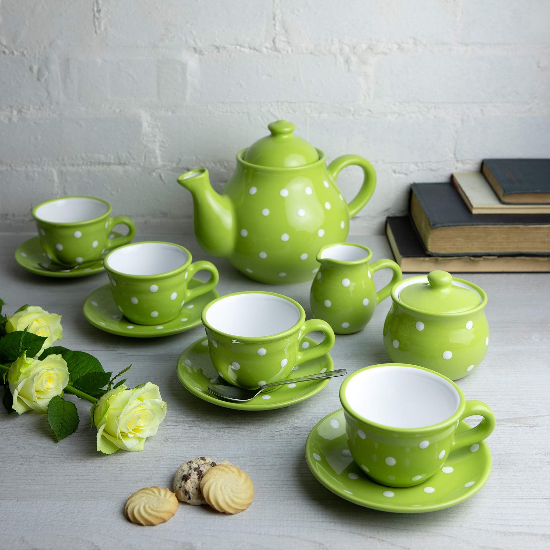 Handmade Green and White Polka Dot Ceramic Teapot Set, Large 1,7l/60oz/4-6 Cup Teapot, Milk Jug, Sugar Bowl, Four Cups and Saucers Tea Set, Pottery Housewarming Gift for Tea Lovers by City to Cottage®
