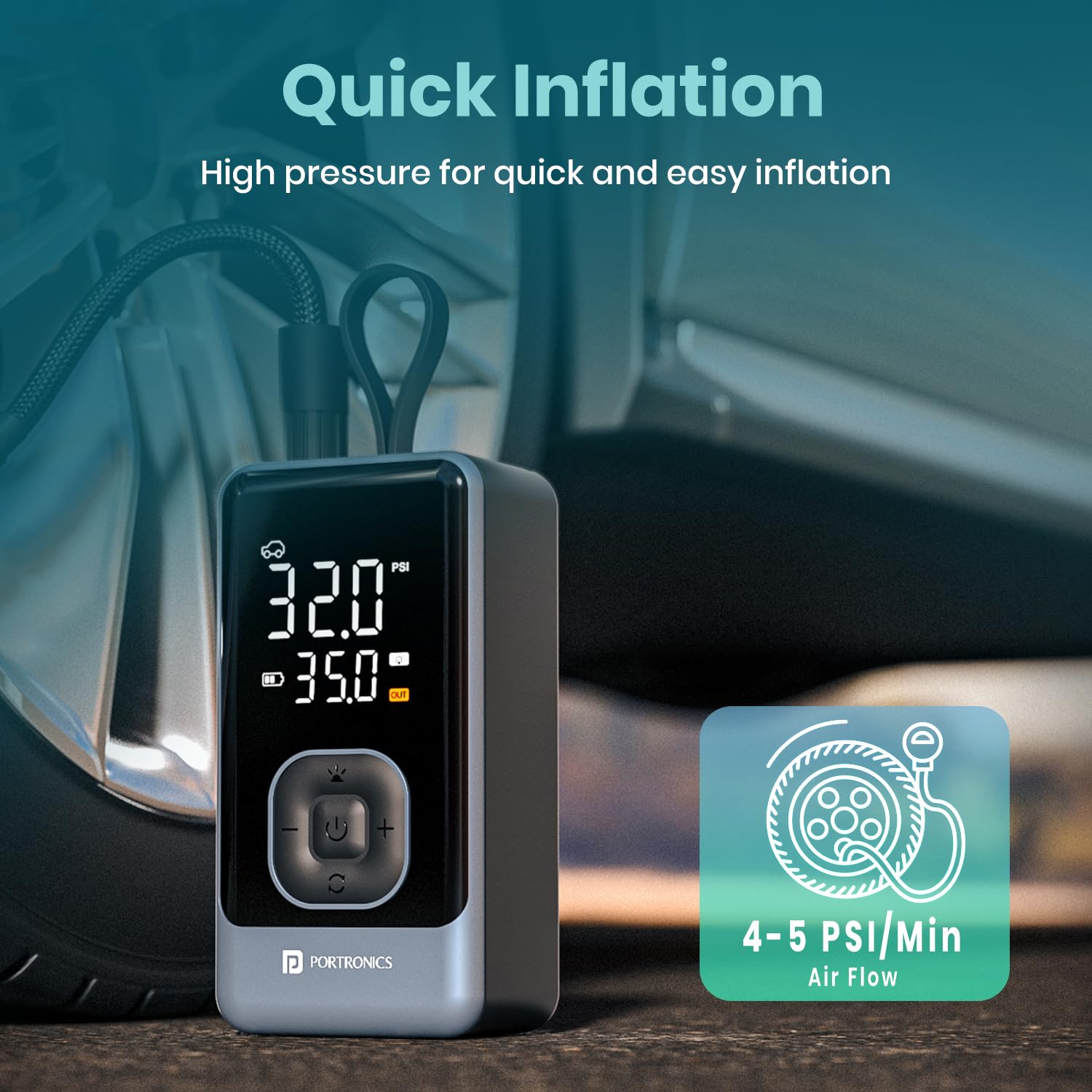 Portronics Vayu 8.0, Digital Rechargeable Tyre Inflator with In-Built Hanging Support, 2×2000mAh Batteries, Auto Shut Off, LED Light, SOS, Pressure Detection, Type-C Charging, for Car/Bike/Ball(Black) - Image 8 thumbnail