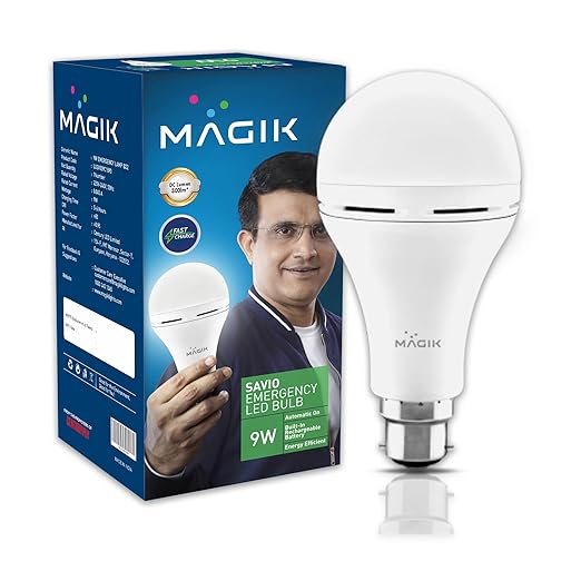 MAGIK Savio 9W LED Rechargeable Emergency Bulb | 6500K Cool White | 4-Hour Backup | B22 Base | Energy Efficient Light for Power Cuts | Pack of 1