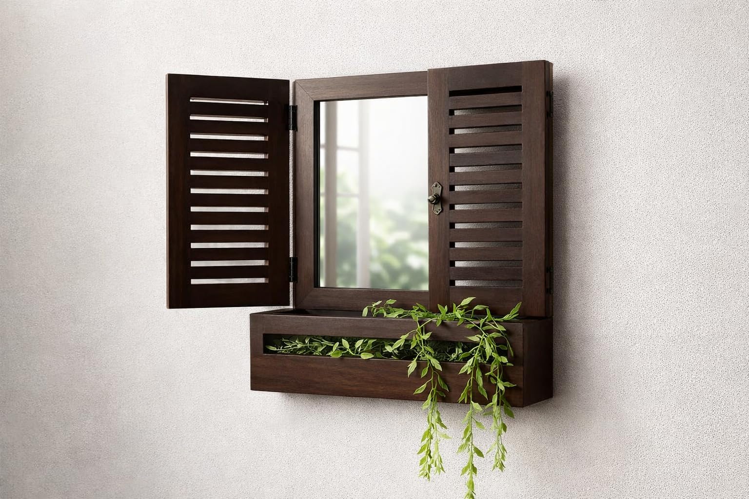 Wooden Window Mirror with Opening Shutters & Planter Shelf | Rustic Wall Hanging Décor for Living Room, Balcony, Bedroom & Home Garden | Decorative Mirror Planter Wall Shelf-image-44