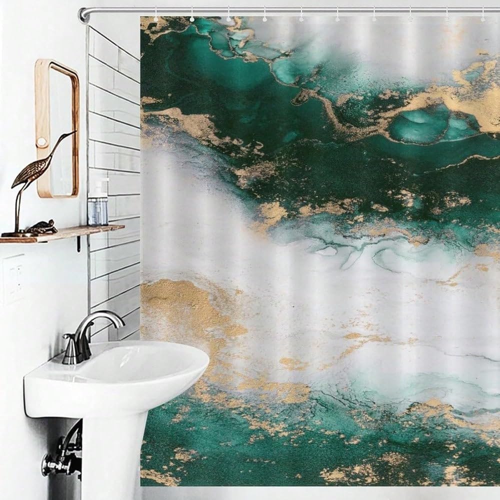 GLKSDLPO Luxury Shower Curtain For Bathroom Decor - Emerald Green Gold Glitter Foil Print, Abstract Unique Aesthetic Modern Wet Room(120x150cm/47x59in(WxH)