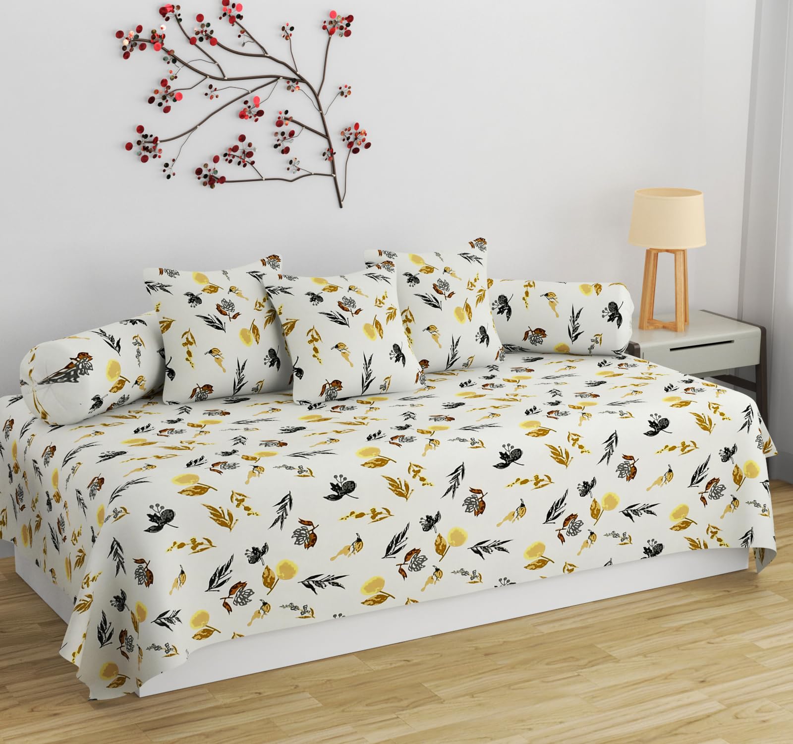 SHOMES Pure Soft Cotton Printed Diwan Set Covers 8 Pieces - 1 Single Bed Sheet (60 X 90) with 3 Cushion (16 X 16), 2 Bolster Covers (16 X 32) - White Floral-image-19