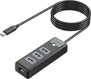 ORICO USB C to Ethernet Adapter, 4-in-1 USB C Hub with RJ45 10/100/1000 Gigabit Ethernet Adapter with 6ft Long Cable Compatible with Mac OS 10.X and Above, Linux, Android-Black