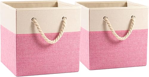 PRANDOM Contenedores plegables grandes de almacenamiento de 11 x 11 pulgadas paquete de 2 cestas de almacenamiento de tela de lino, cubos con asas