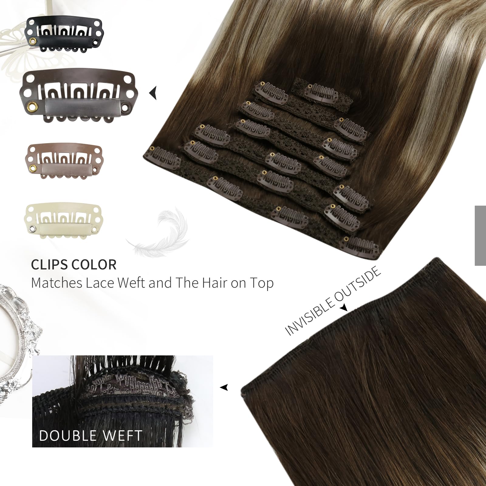 Moresoo Clip in Hair Extensions Real Human Hair Balayage Medium Brown and Blonde Real Hair Extensions Clip in Human Hair for Women Full Head 22 Inch 7pcs/120g #4/6/613 - Image 4