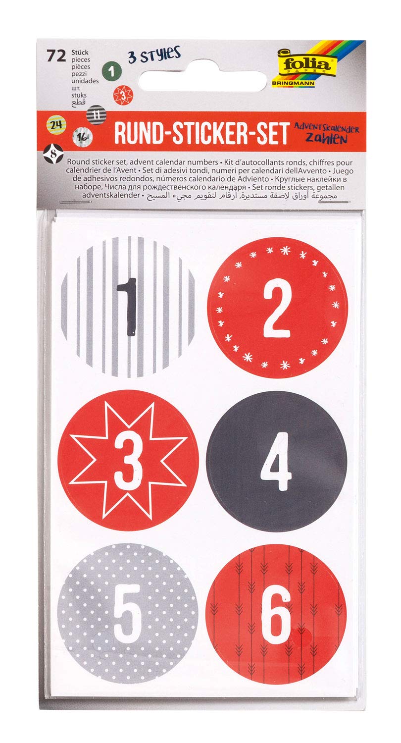 folia 15490 Advent Calendar Numbers, 72 Round Stickers, 3 x 4 Sheets, 3, for Numbering Your Self-Made Advent Calendar.