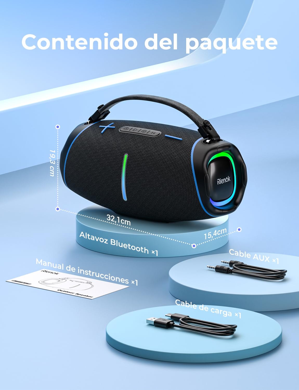 RIENOK Altavoz Bluetooth Potente 100W Portátil 30H con 2 Tweeters 2 Woofers | Impermeable IPX6 Luces RGB Bluetooth 5.3 Inalámbrica Emparejamiento Estéreo Apoya 128G Tarjeta TF, AUX, Memoria USB