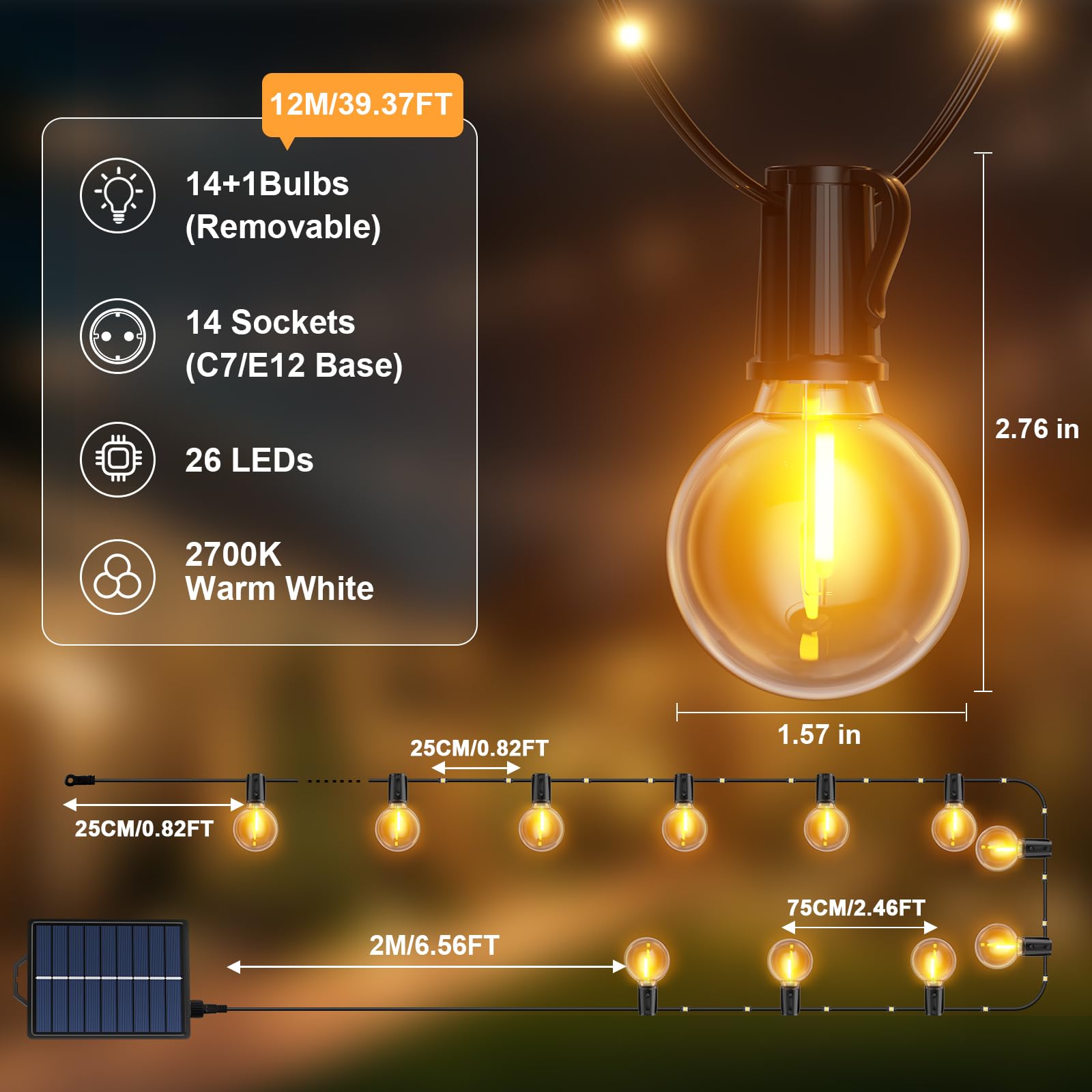 Guirnaldas Luces Exterior Solar, 12M/39.4Ft Lámparas Solares de Jardín Luces con 14+1 G40 Bombillas y 26 Perlas LED, 19 Modos Impermeable Guirnalda Solares para Jardín, Terraza, Navidad, Fiesta