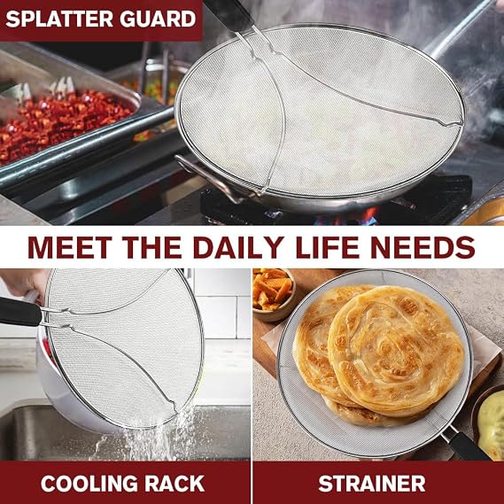 Splatter Screen for Cooking, Perforated Stainless Steel,13 Inch Stainless Steel Grease Splatter Guard, Comfortable Grip, Shield from Splashing Oil