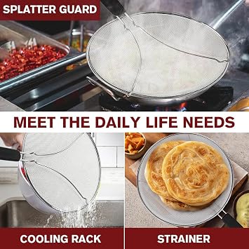 Splatter Screen for Cooking, Perforated Stainless Steel,13 Inch Stainless Steel Grease Splatter Guard, Comfortable Grip, Shield from Splashing Oil